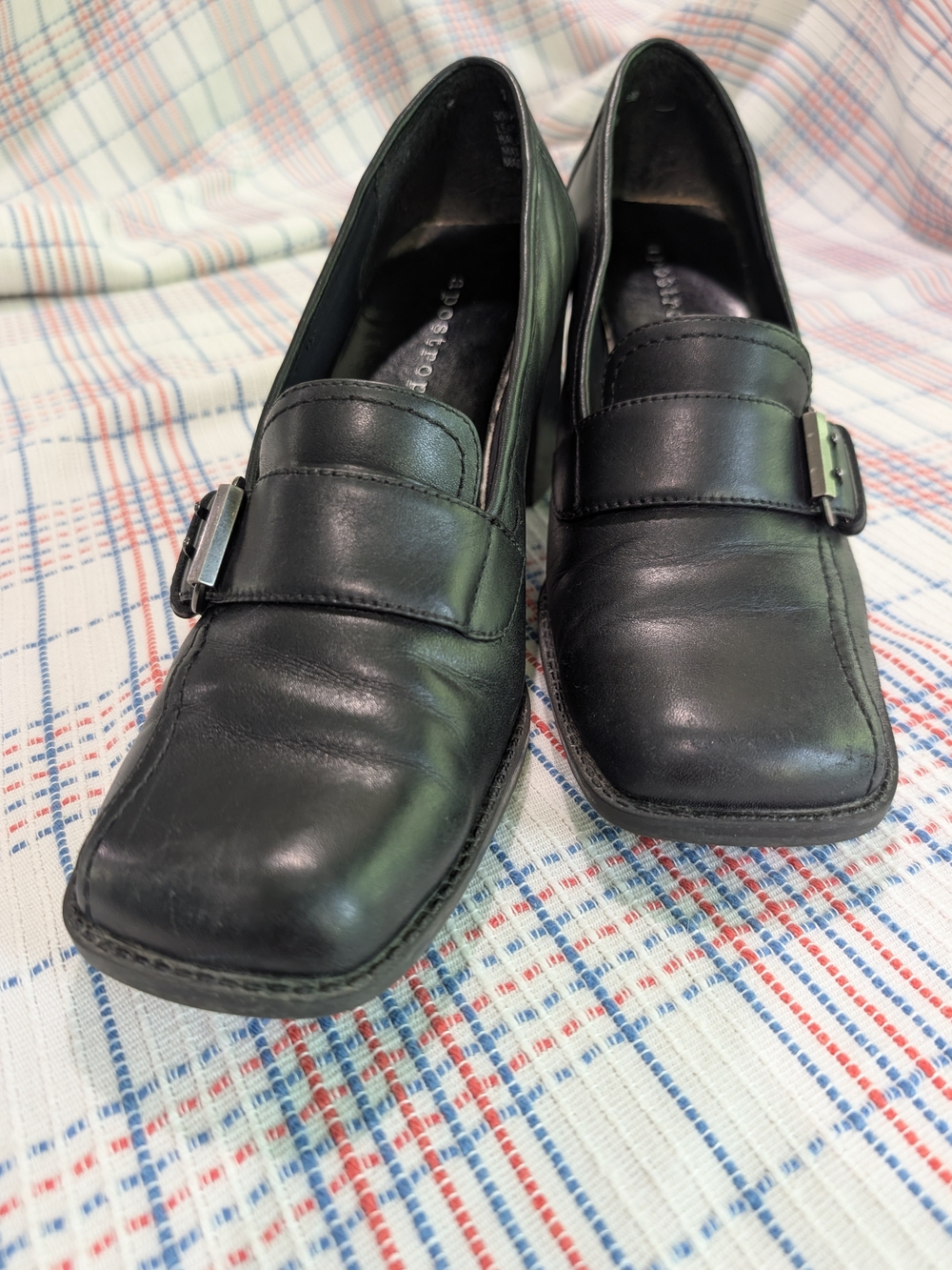 Apostrophe Black Leather Women's Slip-On Loafers with Buckle